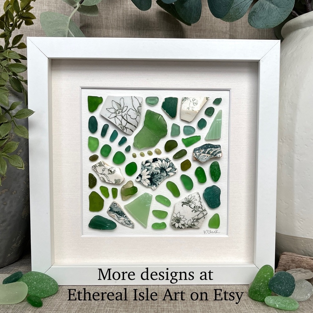 Into the Jungle ~ Framed Sea Glass Art ~ Genuine Sea Glass, Pottery, Seashells